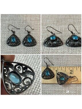 VTG Sterling Silver London Blue Topaz Filigree Drop Earrings 925 !!